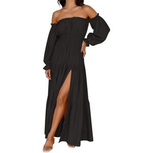 Boho off the shoulder black flowy maxi a-line dress